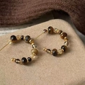 16K gold plated tiger eye stone C-shaped hoop earrings with brown beads on fabric - Golden Coil Tiger Eye Crystal Beaded Style (28#)