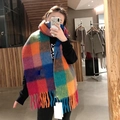 Rainbow plaid winter scarf with fringe and oversized fit worn by model in a selfie - Rainbow Plaid