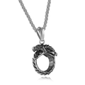 Silver retro Ouroboros pendant necklace in titanium steel with detailed dragon scales - Circular Dragon Style