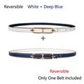 Minimalist double-sided slim leather belt for women in white and navy blue with gold buckle - White + Dark Blue