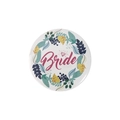 Floral tinplate badge featuring pink Bride script and botanical wreath design - Green Wreath Bride