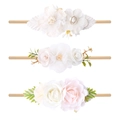 Detailansicht von drei elastischen Nylon-Stirnbändern mit feinen Stoffblumen im Set - Waldstil Blumen-Set / FDZG-4