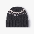 Dark grey striped knit beanie with white geometric pattern and thick ribbed cuff - Black (23B071)