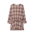 Fashionable long sleeve plaid mini dress with round neck and twist waist knot detail - XS / Red Brown Plaid