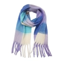 Detail of blue and purple plaid knit scarf featuring thick handmade tassel edges - Purple (08#)
