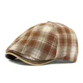 Retro brown plaid beret with dark leather brim and thick wool tweed texture - Adjustable / Khaki