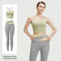 Damen Yoga-Set mit kardamomgrünem Sport-BH und nashorn-grauer Leggings mit Cross-Bund-Design - S / Oberteil Und Unterteil / Muskatnussgrün + Nashorngrau