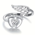 Silver angel wing and baby footprint open ring with Mommy of an Angel engraving - US 7 / White Gold
