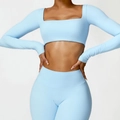 Women's light blue long sleeve crop top and high waist yoga pants two-piece fitness set - S / Sky Blue