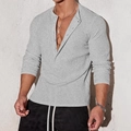 Men's light grey long sleeve ribbed knit henley polo shirt with athletic fit - S / Light Gray