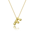 Macro view of balloon style letter F pendant in 18K gold plated finish with reflection - Letter F Necklace Set