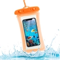 Waterproof phone pouch in orange with clear case splashing into blue water - Air Cushion Style / Orange