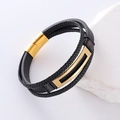Pulsera de cuero trenzado negro multicapa para hombre con cierre magnético de acero dorado - Dorado
