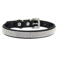 Adjustable black leather pet collar with four rows of sparkling white rhinestones - Black