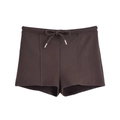 Detailed view of dark brown athletic shorts featuring drawstring waist and metal aglets - S / Shorts / Brown