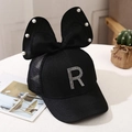 Detail of black mesh baseball cap featuring a large bow, pearls and rhinestone letter R - 2-10 Years (48-54cm) / Black (R Rhinestone)