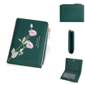 Short dark green textured leather wallet with pink floral embroidery and zipper detail - Green