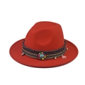 Red wool fedora hat with bohemian ethnic beads and turquoise tassel decoration - 23-Red