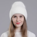 Women's warm white knitted rabbit fur beanie with folded brim and ribbed texture - White