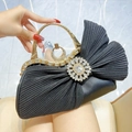 Elegant black pleated evening clutch bag with crystal brooch and rhinestone gold handle - Black