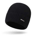 Schwarze gerippte Strickmütze mit Metall-Logo für winterliche Wärme und Windschutz im Freien - Einheitsgröße / Schwarz