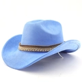 Detail showing sky blue suede cowboy hat with intricate woven beaded ethnic hatband - M (56-58cm) / Deep Sky Blue