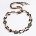 Detail of bohemian brown woven waist chain with dark wooden beads and blue gemstone charms - 3 Oval Beads