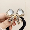 Brown crystal butterfly hair tie with sparkling champagne rhinestones on black elastic band - Premium Grey