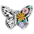 Hollow butterfly charm in 925 silver with colorful enamel flowers and zircons - 925 Silver / Flower Butterfly