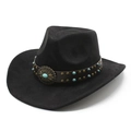 Classic black suede western cowboy hat with studded leather band and turquoise accents - M (56-59cm) / Black (Suede)