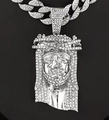 Iced out silver Jesus piece pendant with sparkling rhinestones on Cuban link chain - Pendant Only (Without Chain) / Silver
