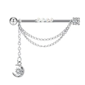 Silver industrial barbell with moon star pendant and crystals on white background - Silver Moon Star Tassel