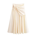 Elegante falda midi beige de talle alto con cinturón de lazo y ribete de encaje en línea A - XS / Blanco Roto
