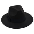 Detailed view of a classic black wool fedora featuring a matching satin ribbon and bow - Black
