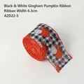 6.3cm width Thanksgiving ribbon with black and white grid and orange pumpkin patterns - 6.3cm Black White Gingham Pumpkin Ribbon