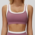 Damen Sport-BH in Rosa und Weiß im Lagen-Look, perfekt für Yoga und Fitness Training - S / Violett