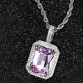 Hip Hop Anhänger mit lila Zirkonia und Pavé Diamanten an einer gedrehten Seilkette - Weißgold mit rosa Stein (Anhänger Halskette)