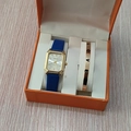 Montre rectangulaire dorée avec bracelet en cuir bleu et bracelet Love dans une boîte orange - Style 12 (Sans boîte)