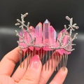 Pink crystal moon branch hair comb with iridescent finish and silver metal wire - Pink + Branch
