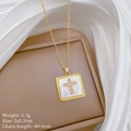 Detailed specs for gold cross necklace with shell inlay: Weight 5.7g, Size 2x2.5cm, Length 40+5cm - Gold Square Mother of Pearl Cross Necklace (G447)
