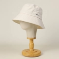 Detail of cream cotton bucket hat with plaid stitching and small silver metal tag - M (56-58.5cm) / Off White