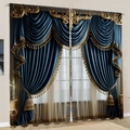 Tende di lusso blu scuro in stile europeo con mantovana dorata e velo bianco interno - L1.5m x A1.66m Paio / Blu Oro Intagliato Europeo
