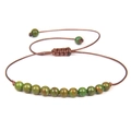 Adjustable 4mm natural green stone bead woven bracelet with ethnic marble texture - Epidote Texture/FD8449