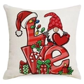 Linen Christmas cushion cover featuring LOVE text with festive gnomes and Santa elements - 45x45CM (No Core) / 3602-1 LOVE Gnomes