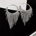 Elegant silver hoop earrings with long tassel fringe for formal party and gala wear - Silver Fan Bead Chain Hoop Tassel (235)