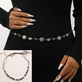 Bohemian waist chain with Hamsa hand, turquoise beads and braided brown cord for women - Antique Silver