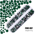 Green resin flatback rhinestones set for nail art in a 12-slot storage box - Deep Green (ZSHZ-867)