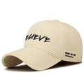 Beige cotton baseball cap with black Believe embroidery and side text detailing - Adjustable / Light Beige