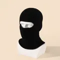 Solid black ribbed knit balaclava ski mask with single eye hole on white model - High Elasticity / Black