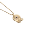 Collier Main du Diable doré avec pierre bleue, cristaux et cinq petits glands dorés - Œil Bleu Gland